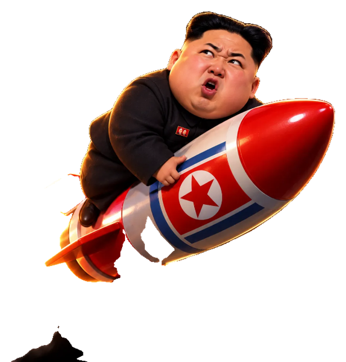 Kim, scowling, riding a red rocket