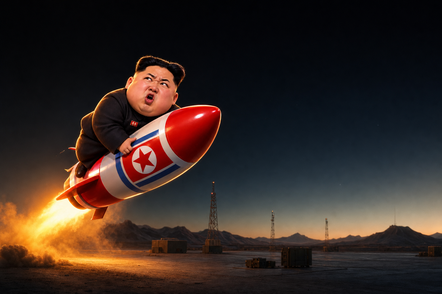 Kim lifting off from an empty launch field at dawn