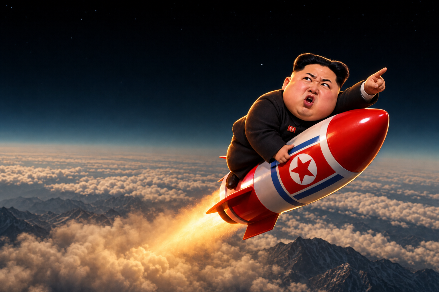 Kim pointing ahead while his rocket races above the clouds